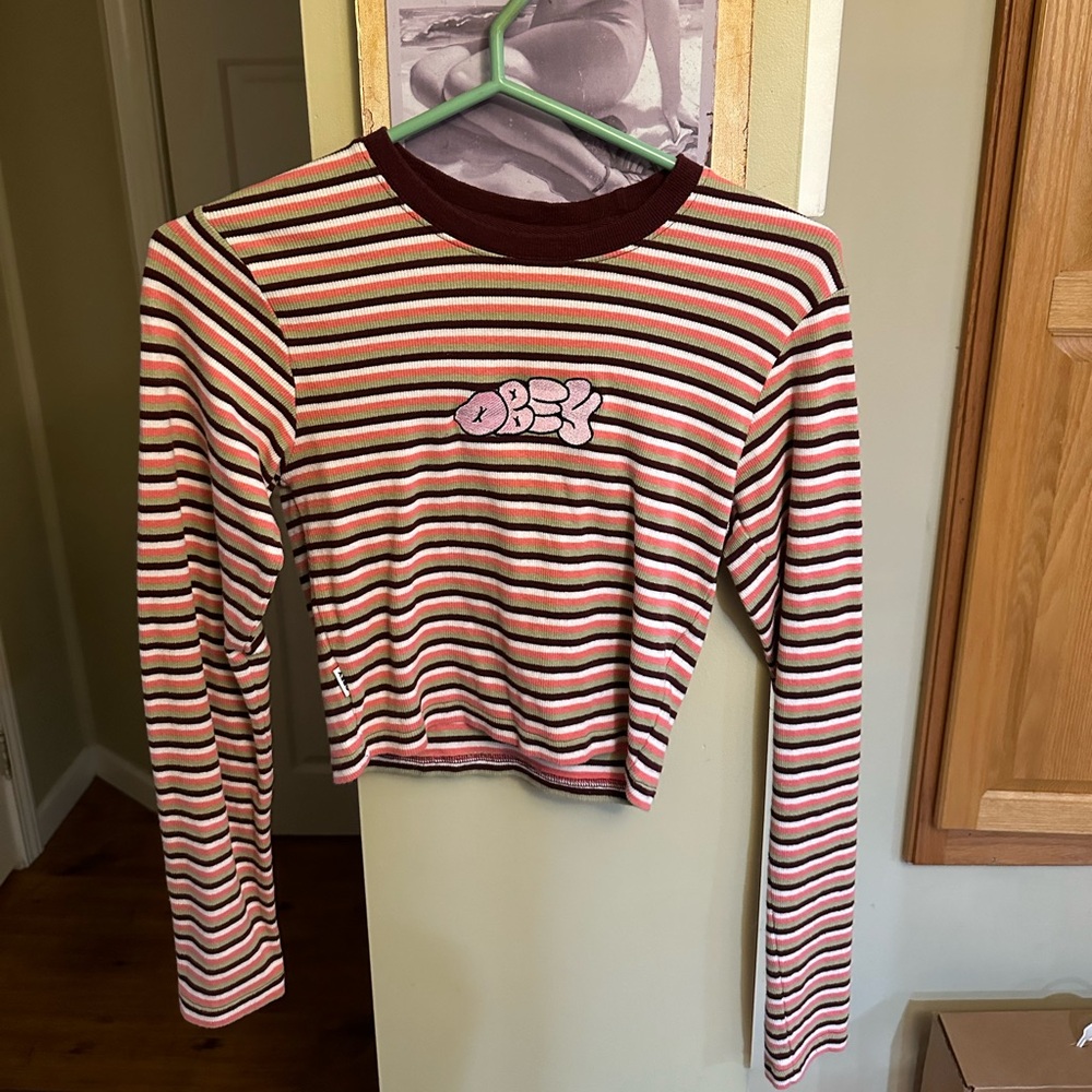 Obey Pink, Brown, Green, and White Striped Shirt